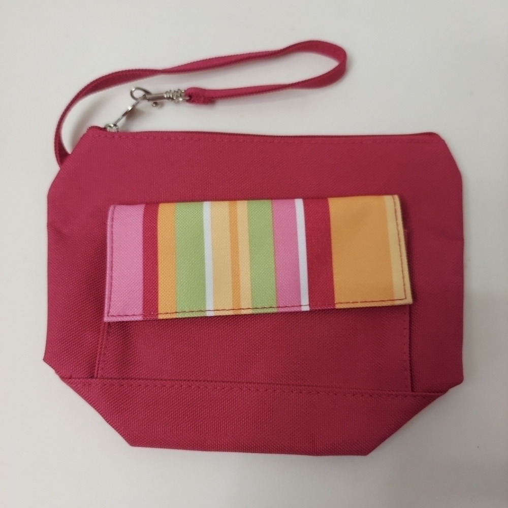 LANCOME Cosmetic Make-up Bag HOT PINK Color Bold Stripes New Zip Closure Handle